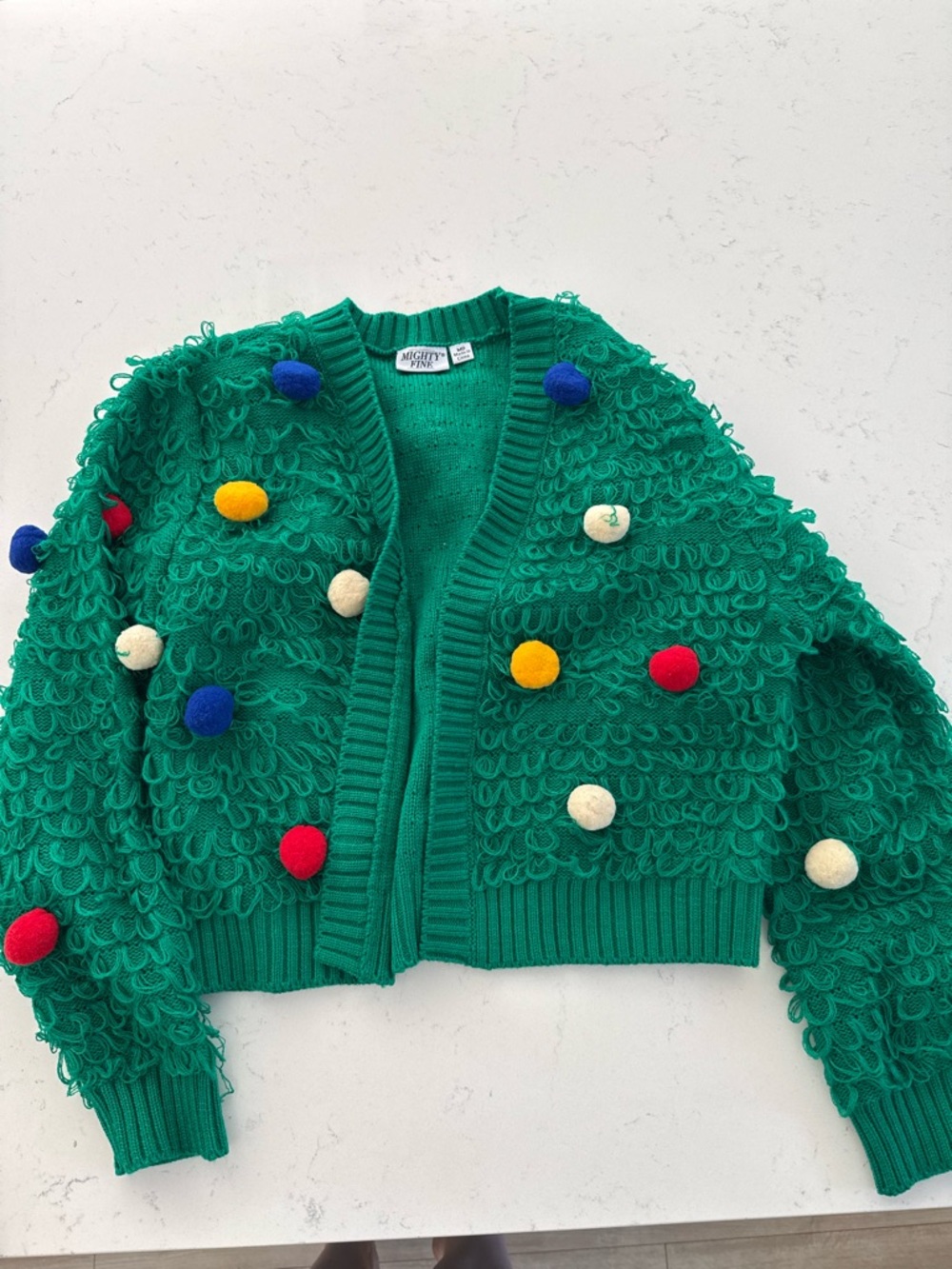 Green Pom-Pom Loop Knit Holiday Cardigan